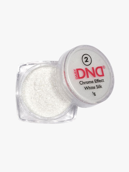 DND Chrome Effect White Silk #02 jar of white nail powder on light gray background