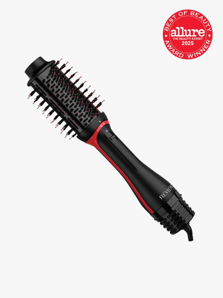 Revlon One-Step Volumizer PLUS in branded black and red color way on light gray background with red Allure Best of Beauty seal in the top right corner